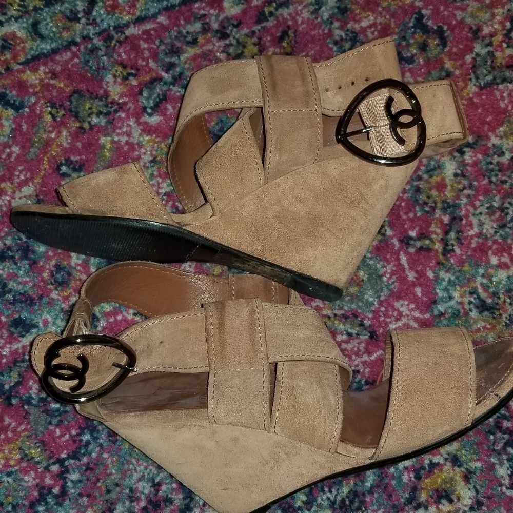 Chanel Heart CC Buckle Suede Wedge Sandal 39